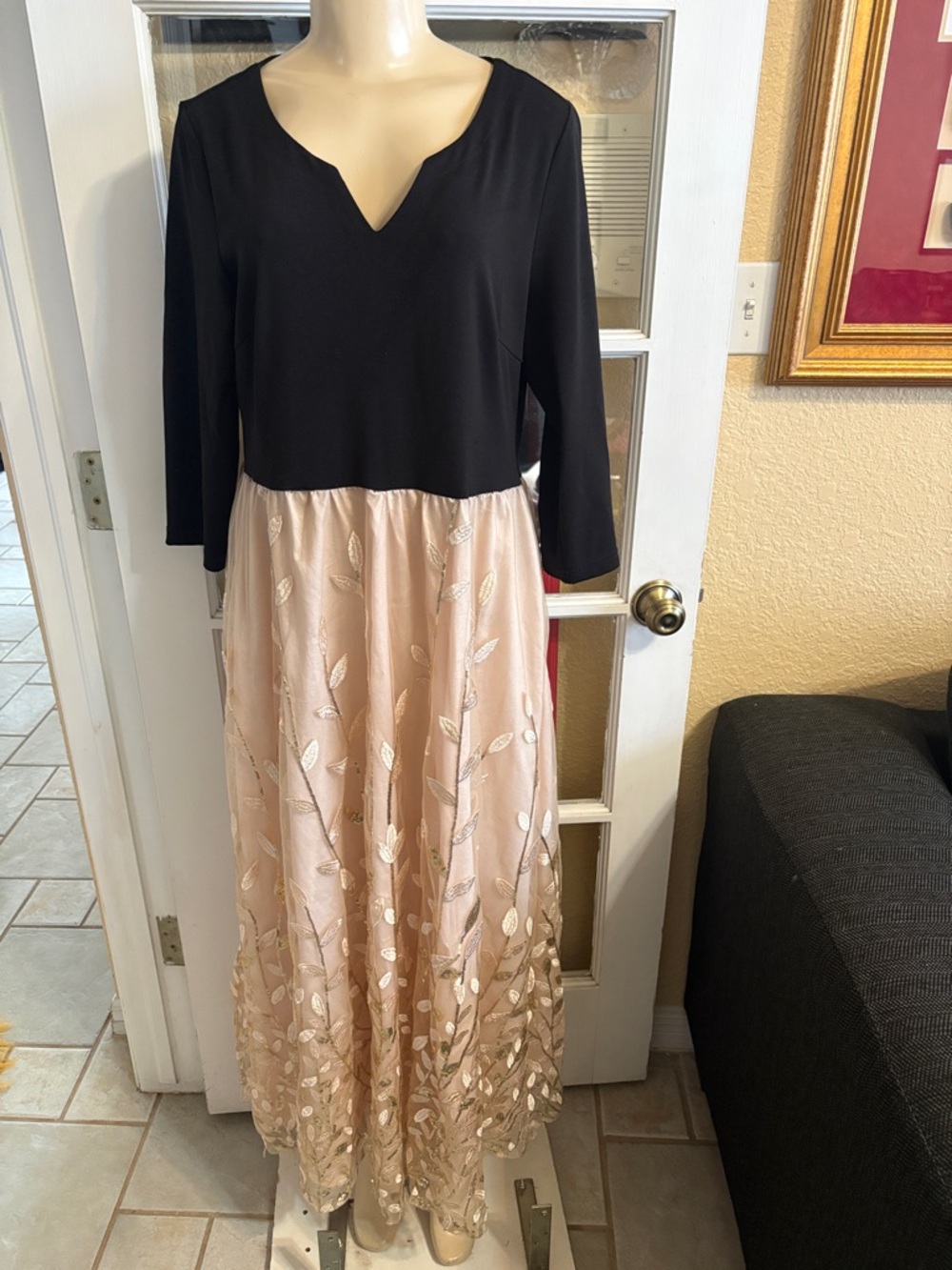 Black & Blush Embroidered V-Neck Maxi Dress